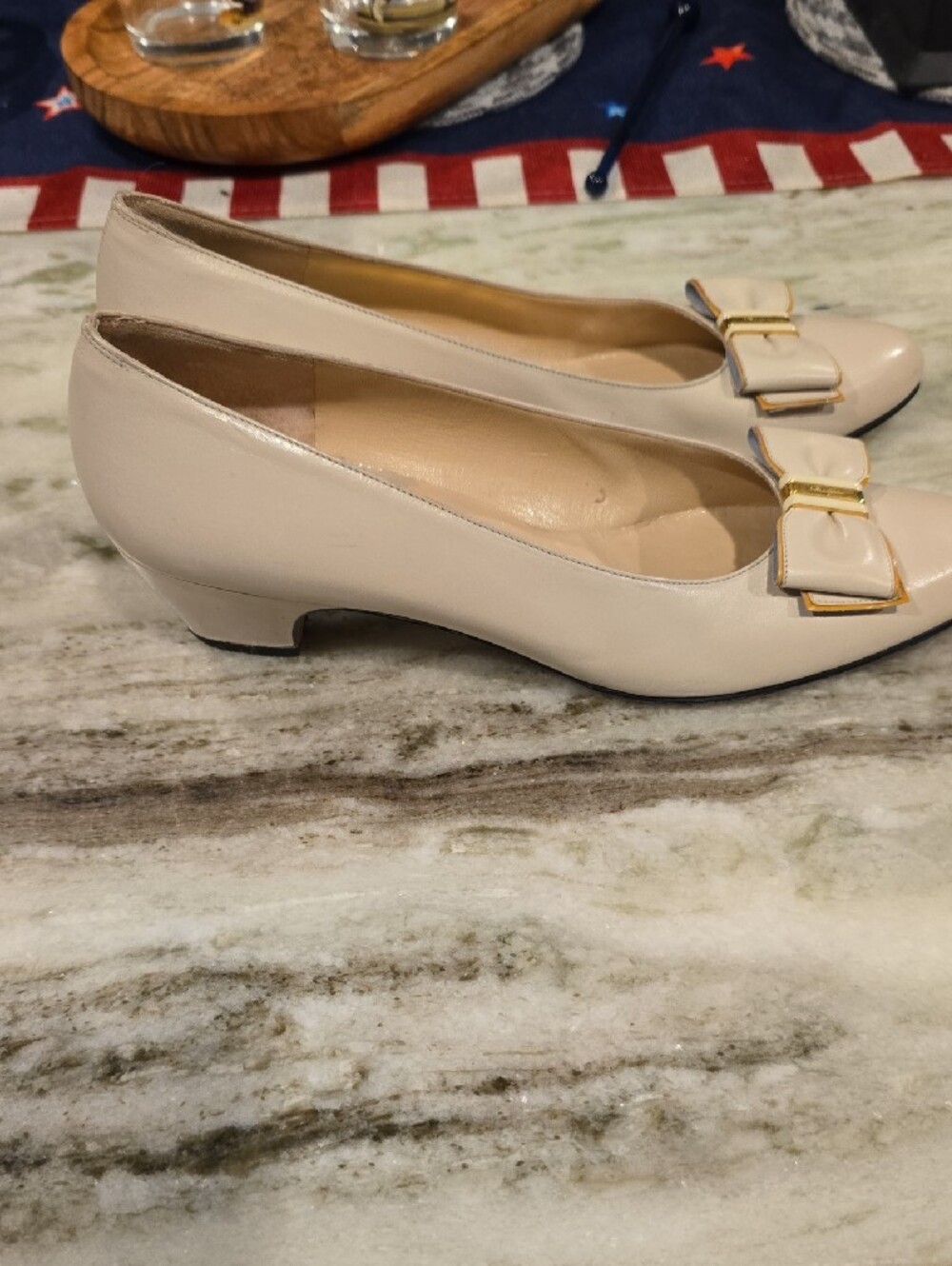 Salvatore Ferragamo Cream Bow Pumps with Gold Accent - Picture 2 of 3